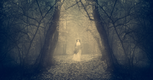 A ghostly woman stands in a forest.