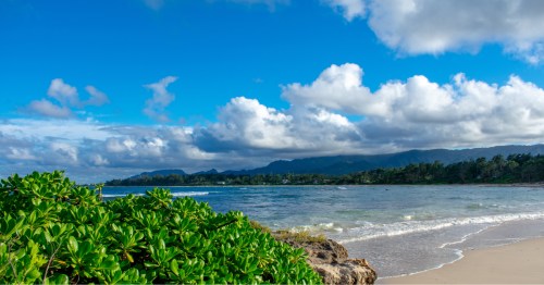 Low waves roll onto a beach on a sunny day in Hawaii.