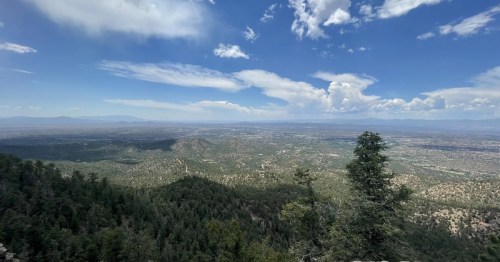 Looking over Santa Fe and the surrounding landscape on the Atalaya Mountain Trail in New Mexico.