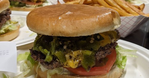 A close-up of the famous green chile cheeseburger at the Buckhorn Tavern in San Antonio, New Mexico.