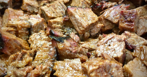 Burnt ends cooking at a BBQ restaurant in Kentucky