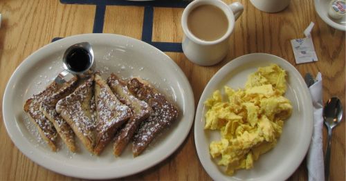 Aerial view of breakfast food at diner