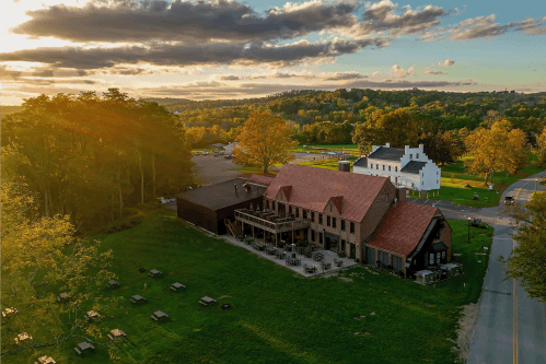 Aerial shot of The Drowned Lands, a destination brewery in bucolic New York
