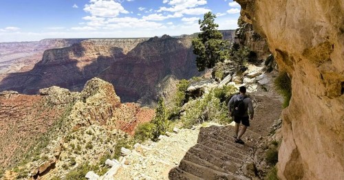 A hiker trekking down wooden steps on a hiking trail with expansive views of the Grand Canyon.