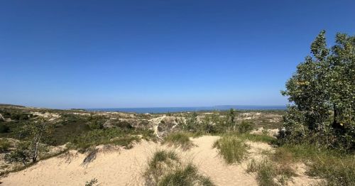 A sandy dune hike overlooking a lake.
