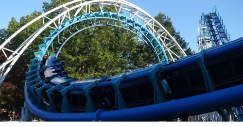 A blue rollarcoaster track.