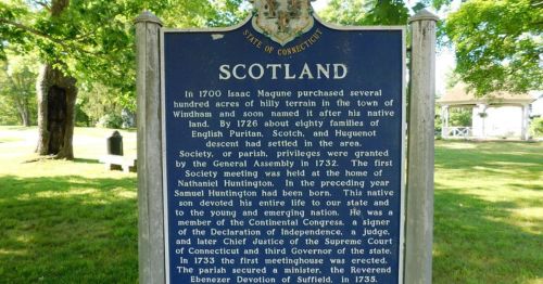 A closeup of a plaque on Scotland, CT