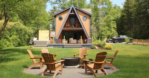 The Colby House, a modern A-frame with a covered deck & hot tub, perfect after a snowy Acadia hike.