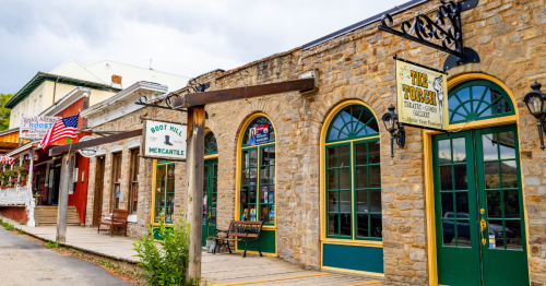 Historic buildings line a boardwalk in Virginia City, Montana.
