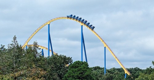 The Nitro roller coaster, a blue train on a yellow track, coasting over a hill.