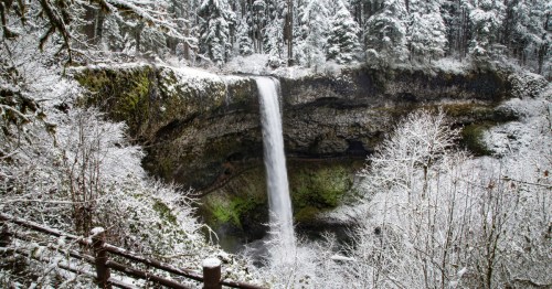 A large waterfall cascades into a natural pool at Silver Falls State Park in Oregon on a winter day.