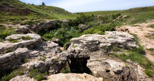Views from Punished Woman Fork overlooking Battle Canyon, a lush green and rocky ravine in Western Kansas