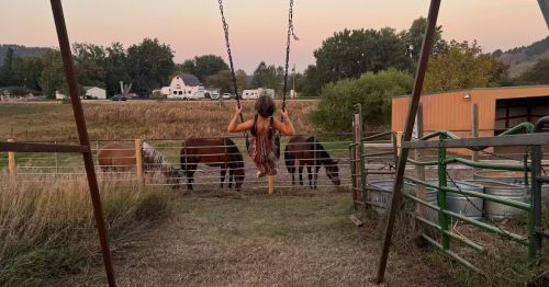 A young girl is swinging on a swing that overlooks horses grazing.