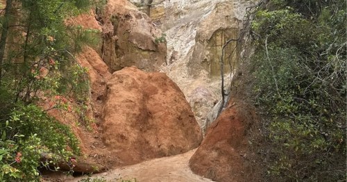 A red colored sand pathway winding around massive canyons.