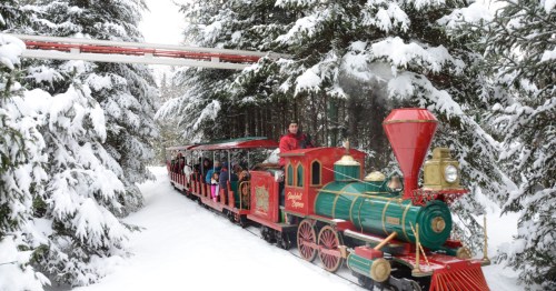 A snowy train ride at Santa's Village amusement park in Jefferson, New Hampshire.