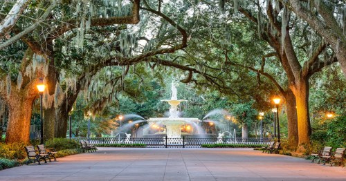 Dusk view of Forsyth Park, Savannah, GA