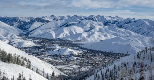 An aerial view of the Sun Valley area on a winter day.