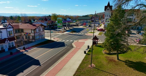 The buildings in a downtown area of a small Minnesota town were designed with Bavarian-style architecture.