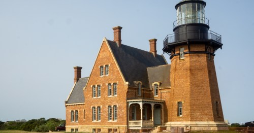 A red brick lighthouse on Block Island.