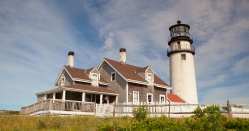 view of the historic highland light with lightkeeper's house which is now a museum in truro massachusetts on a sunny day