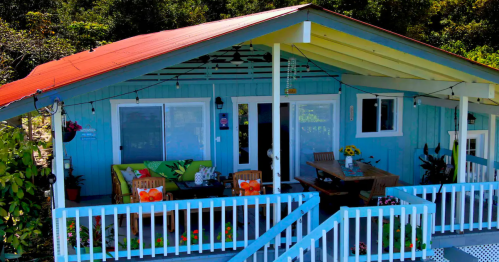 A single-story blue house with a red metal roof and a lanai is nestled onto a hillside covered with green tropical vegetation.