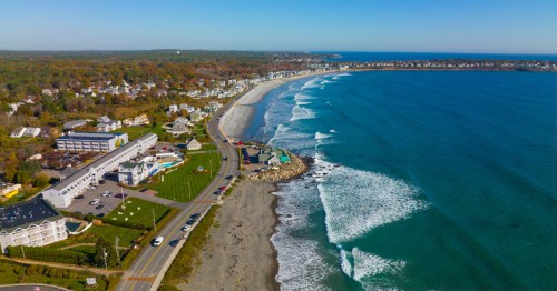 Long Sands Beach aerial view in the town of York, Maine