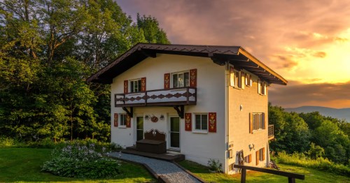 Exterior of Swiss-style chalet Airbnb in New Hampshire
