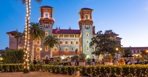 A historic hotel in St. Augustine, Florida dotted with lots of sparkling lights during the annual Christmas festival.