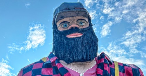 A close up of a fiberglass statue of a man with blue eyes and a black beard, wearing a dark cap and a red-and-black checked shirt beneath a blue sky.