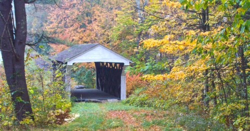 A rustic covered bridge made of wood, resting on stone supports, surrounded by vibrant fall foliage and trees.
