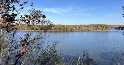 View across a lake in the fall, framed by trees with autumn leaves.
