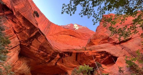 Double Arch Aclove, a multi-color red rock grotto at Zion National Park.