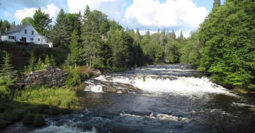 A fast-moving river with a house and forest in the background.