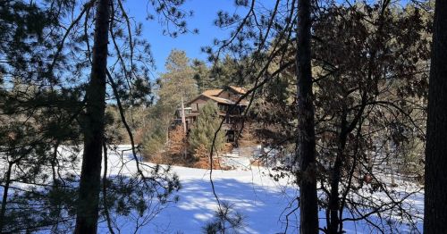 A restaurant in a wooden cabin behind a snowy lake in the forest.
