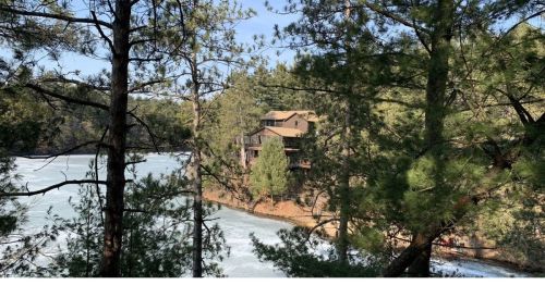 A restaurant in a wooden cabin behind a lake in the forest.