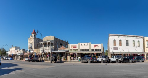 Storefronts on Main Street in historic downtown Fredericksburg, Texas.