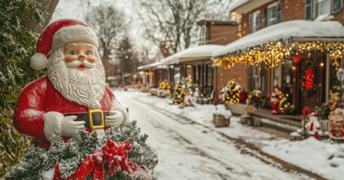 A Santa Claus statue stands on a snowy street with historic homes.