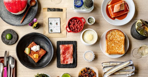 Aerial view of plates of food