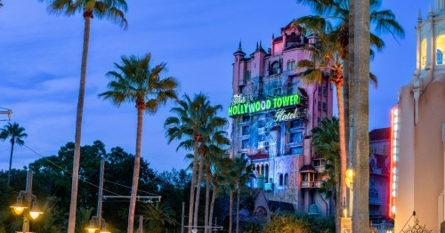 A pink Tower of Terror attraction looming in the evening time amidst palm trees.