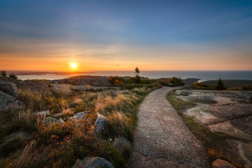 Path along Cadillac Mountain during a sunrise