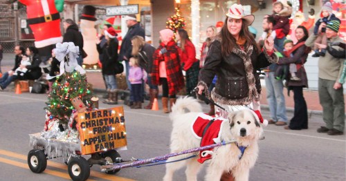 A woman and a dog in a Christmas parade with people lining the streets.