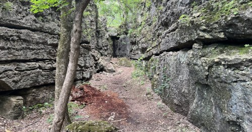 Narrow, rocky gorge trail with towering rock walls and dense forest canopy, an adventurous Kansas hiking spot. 