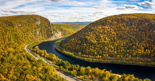 Aerial view of Delaware Water Gap on a sunny autumn day