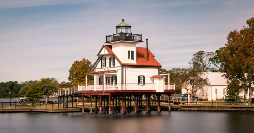 view of a historic lighthouse over the water in edenton, North Carolina