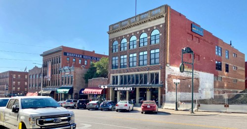 Large historic brick buildings along the HIstoric Haymarket in Lincoln, Nebraska.