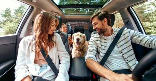 A family and their dog pile into the car ready for holiday travel.