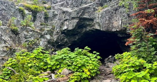A trail leads to a large cave in a basalt rock cliff, the opening of which is surrounded by green vegetation.