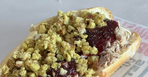 A large open-face sub sandwich topped with shredded turkey, chunky cranberry sauce, and piles of yellowish stuffing. 