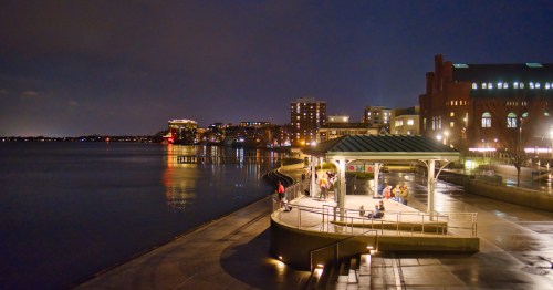 An almost empty Memorial Union Terrace at night in the winter