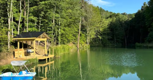 Tranquil, tree-lined private pond with a covered dock and a blue paddleboat in a sunny forest setting.
